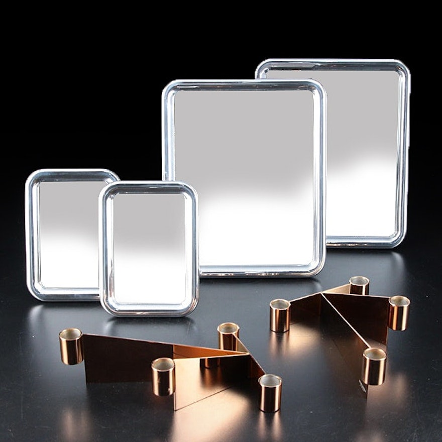 Georg Jensen "Tableau" Tabletop Mirrors with "Urkiola" Stainless Candle Holders