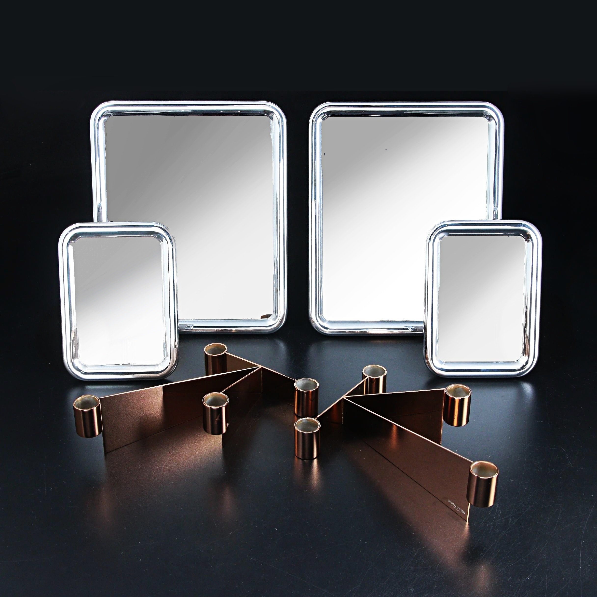 Georg Jensen "Tableau" Tabletop Mirrors with "Urkiola" Stainless Candle Holders