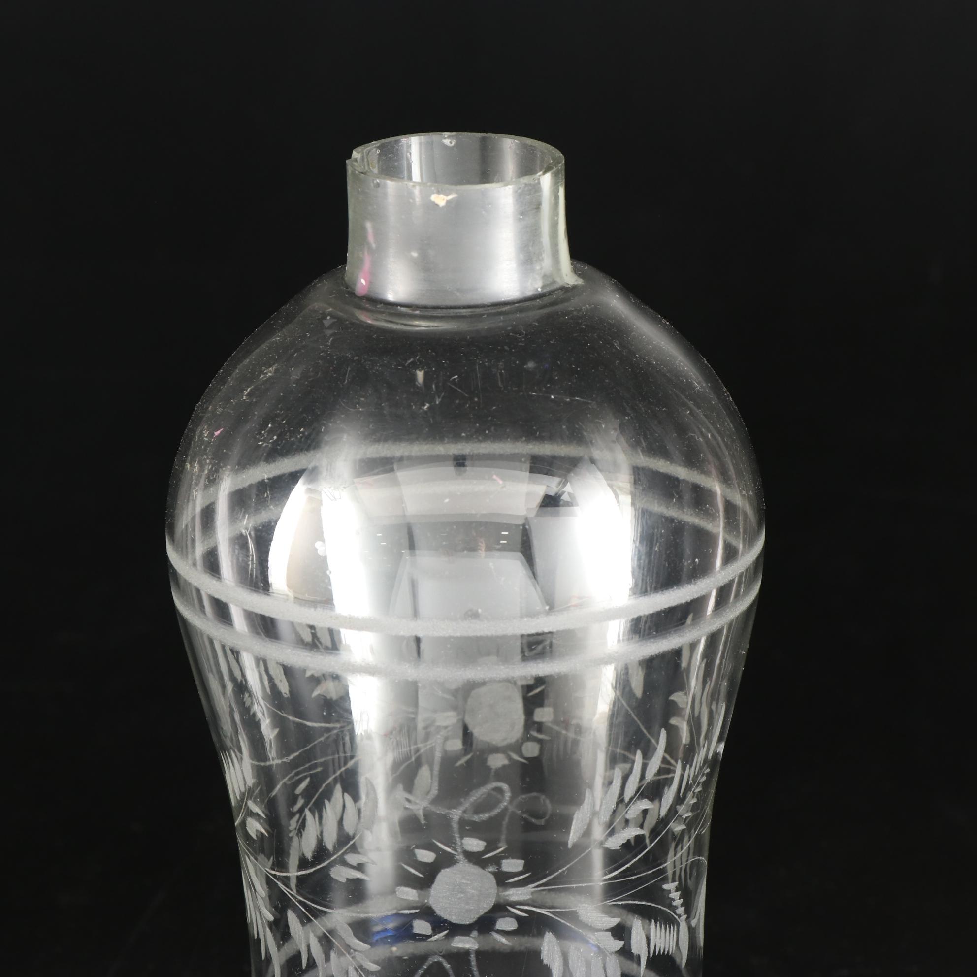 Etched Glass Candlestick Hurricane Fitters with Cobalt Rims