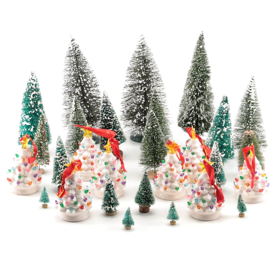 Ceramic Illuminated Christmas Tree Ornaments with Brush Tree Forest Display