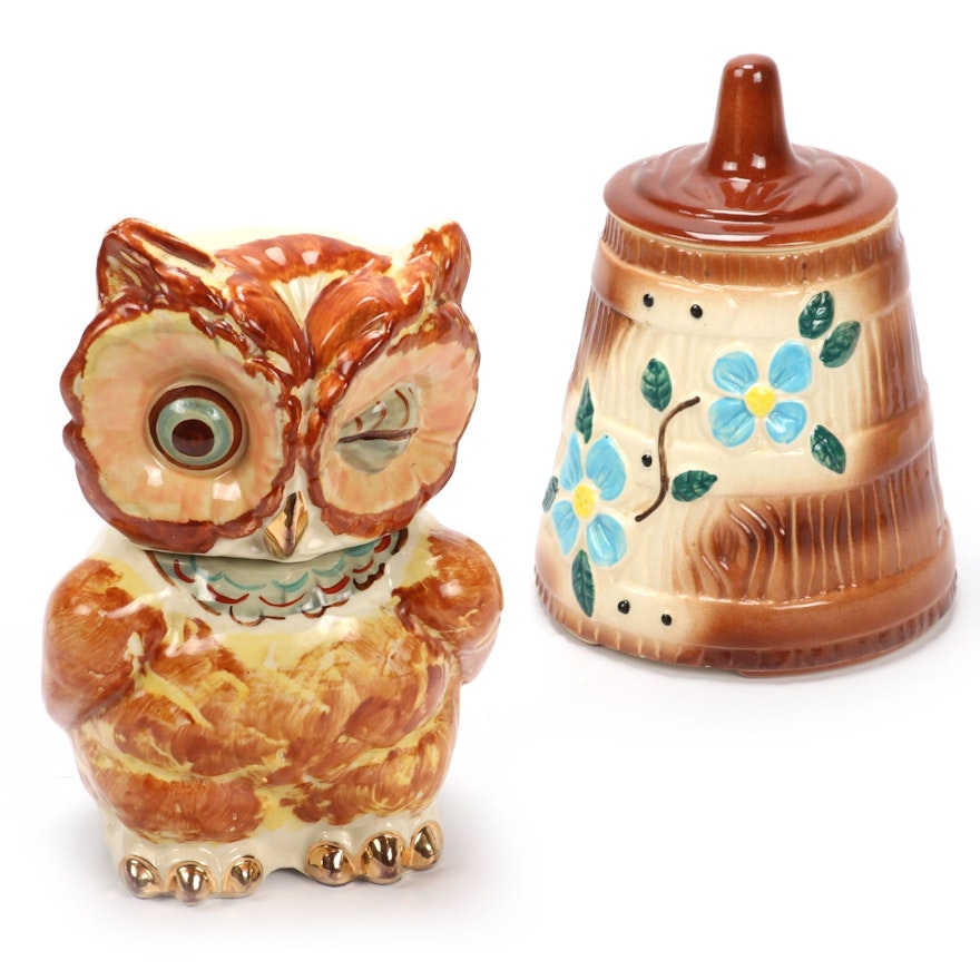 American Ceramic Hand-Painted Owl and Barrel Cookie Jar, Mid-20th C.