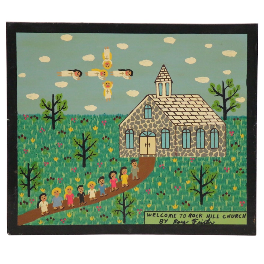 Roy Finster Folk Art Acrylic Painting "Welcome to Rock Hill Church," 1993