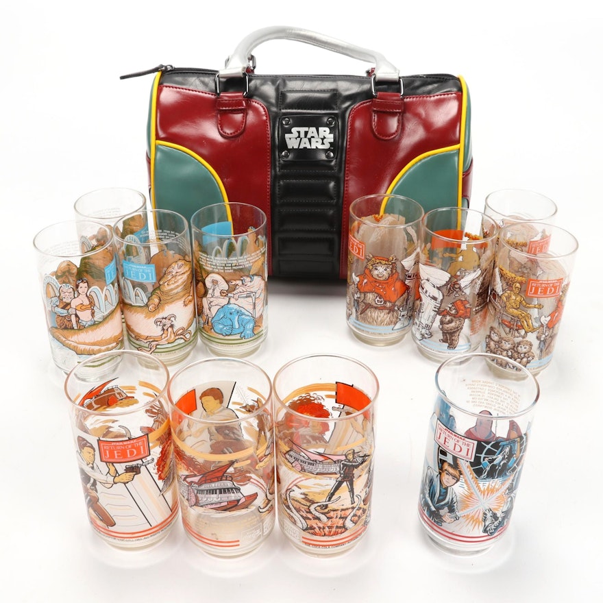 Twelve 1983 "Star Wars Return of the Jedi" Tumblers with Boba Fett Bowler Purse