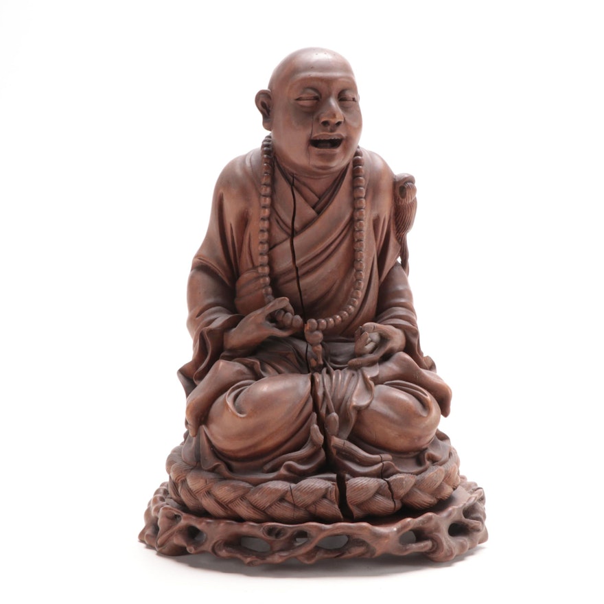 Japanese Carved Boxwood Figure of Hotei on Wood Stand