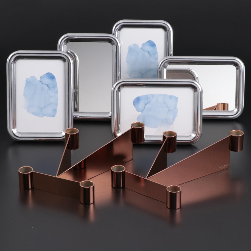 Georg Jensen "Urkiola" Stainless Candle Holders with Mirrors and Frames