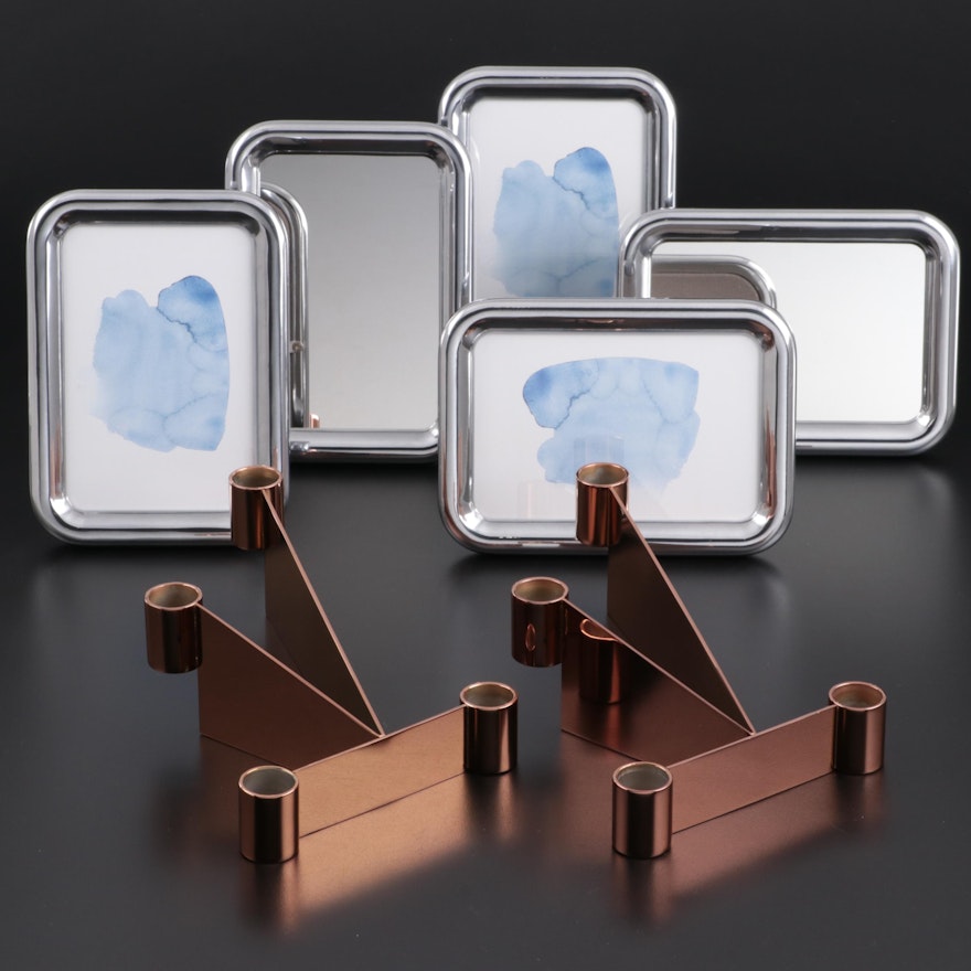 Georg Jensen "Urkiola" Stainless Candle Holders with Mirrors and Frames