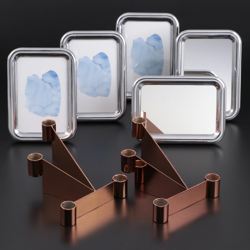 Georg Jensen "Urkiola" Stainless Candle Holders with Mirrors and Frames