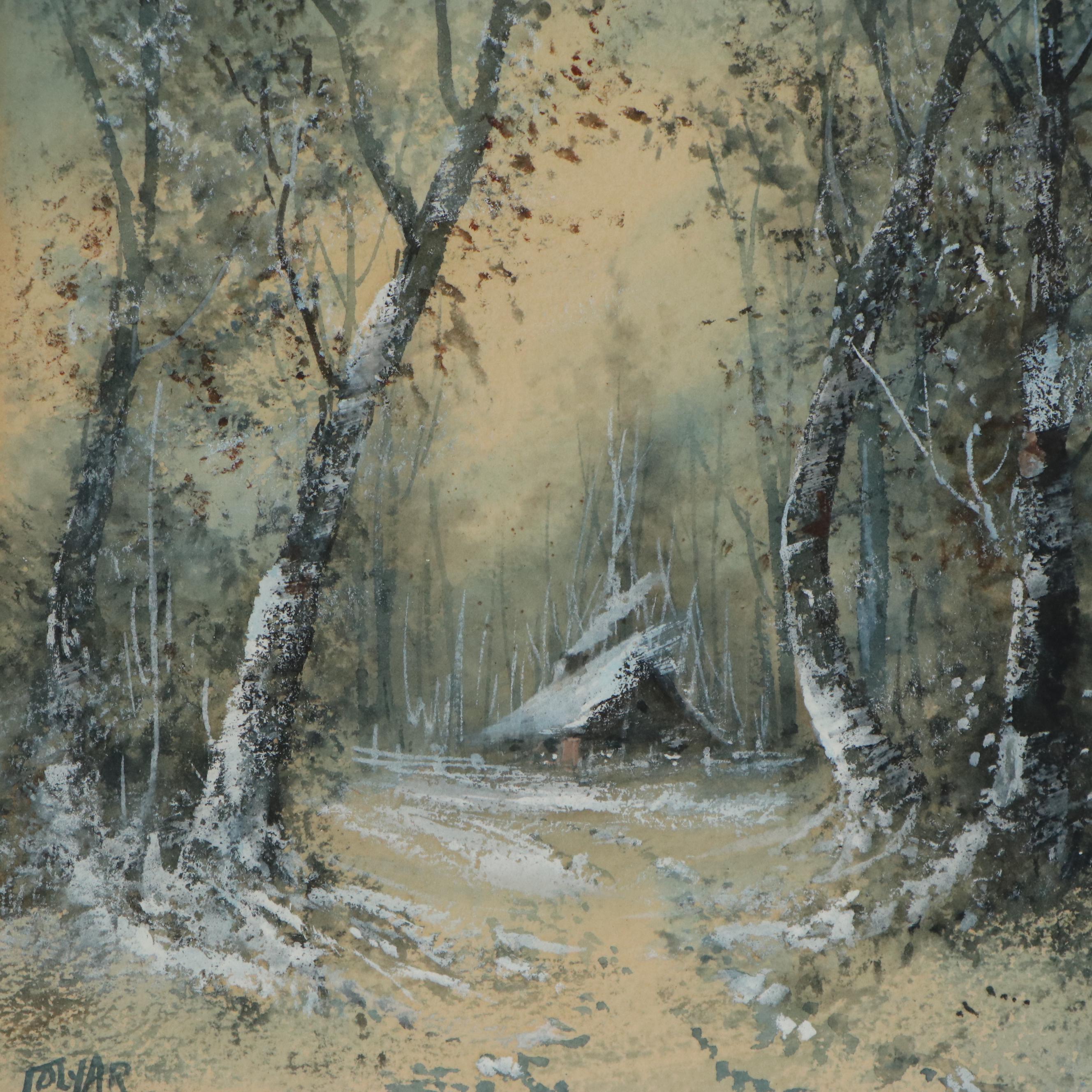 Pauline Colyar Gouache Painting of a Cabin in the Woods, Early 20th Century