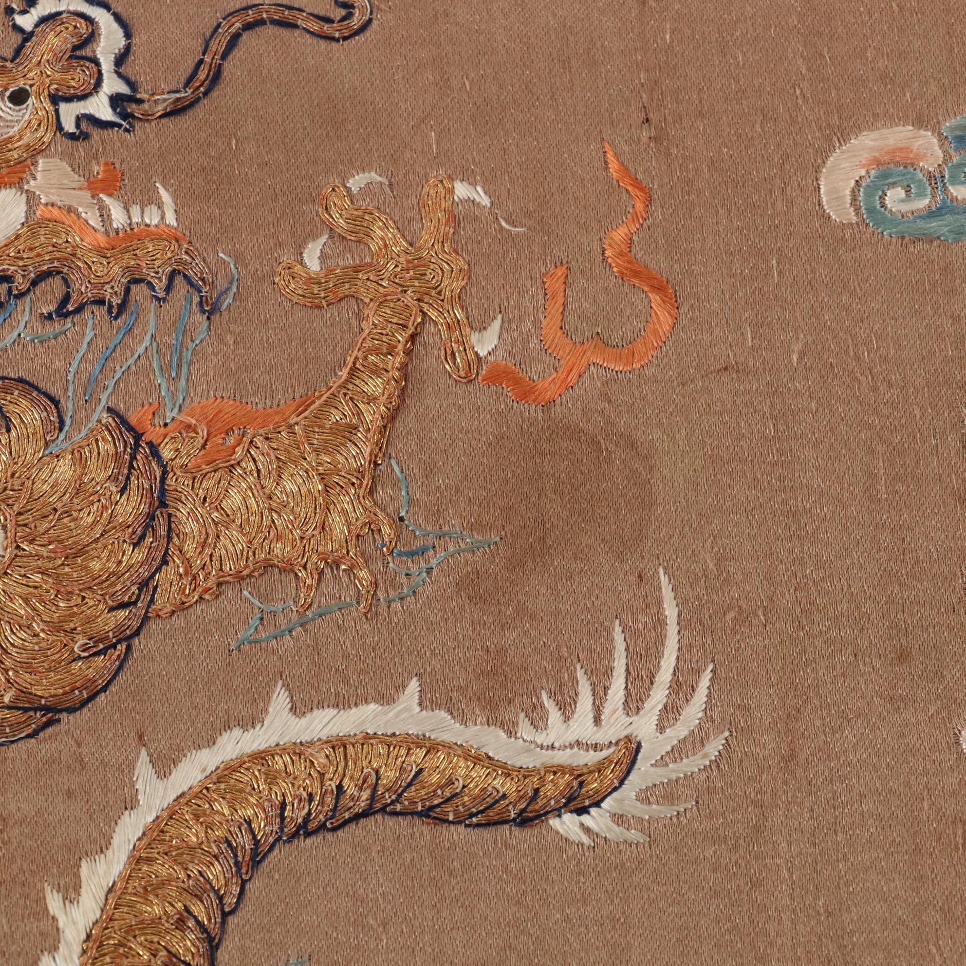 Chinese Qing Dynasty Dragon Robe Embroidered Silk Fragments, Mid-19th Century