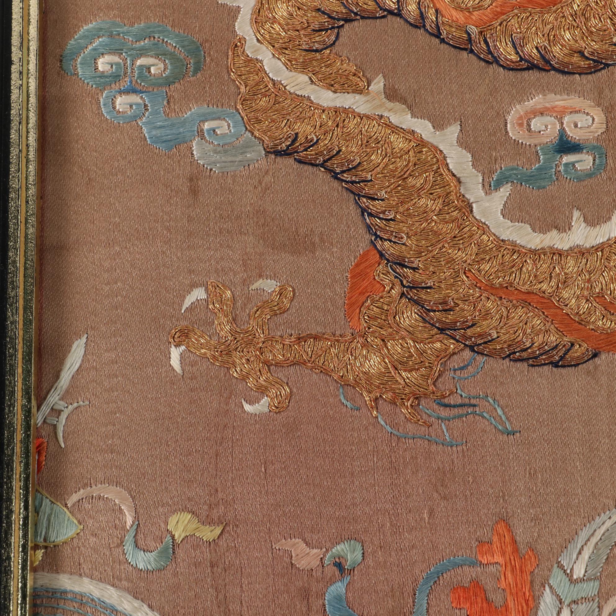 Chinese Qing Dynasty Dragon Robe Embroidered Silk Fragments, Mid-19th Century