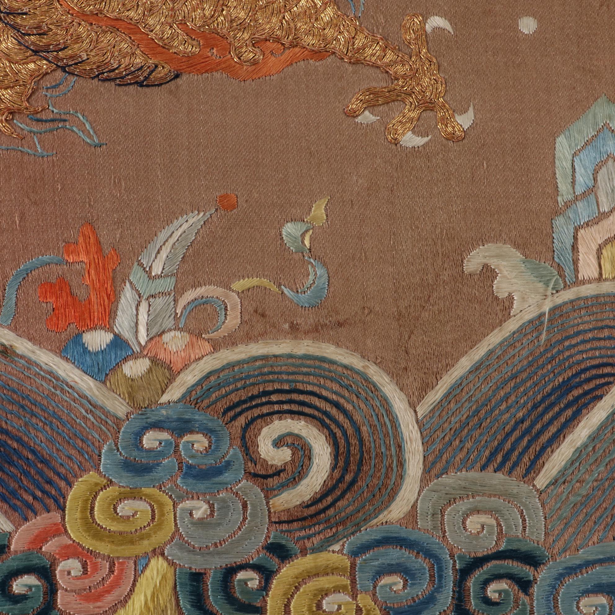 Chinese Qing Dynasty Dragon Robe Embroidered Silk Fragments, Mid-19th Century
