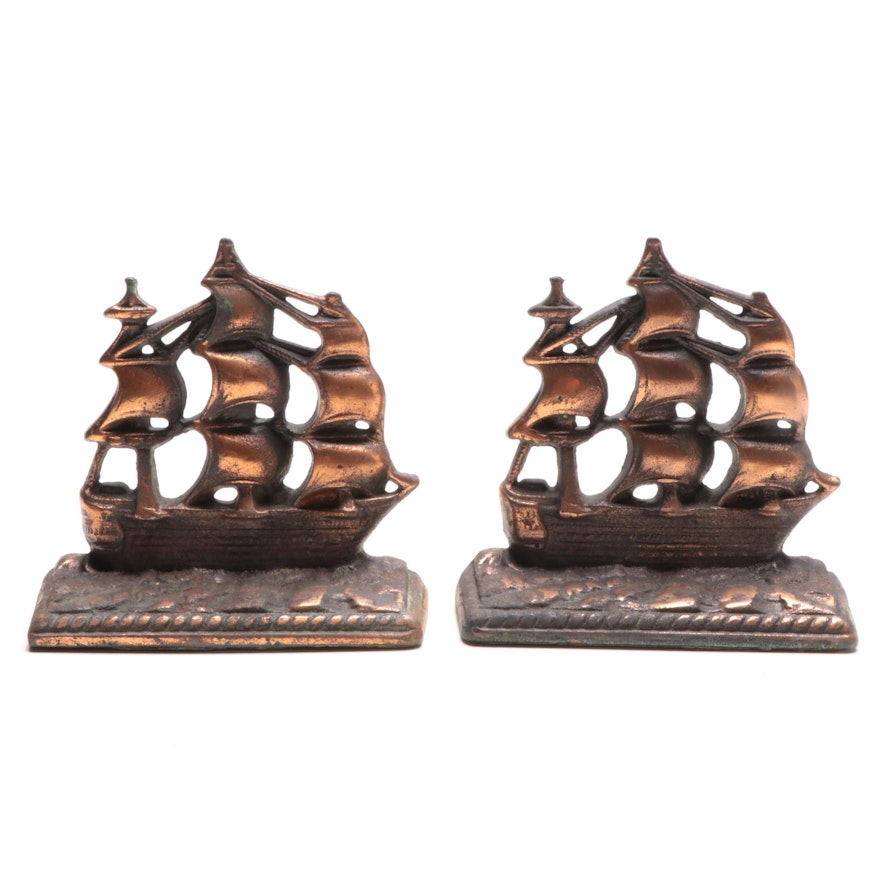 Copper Washed Cast Iron "Old Ironside" Bookends, Mid-20th Century