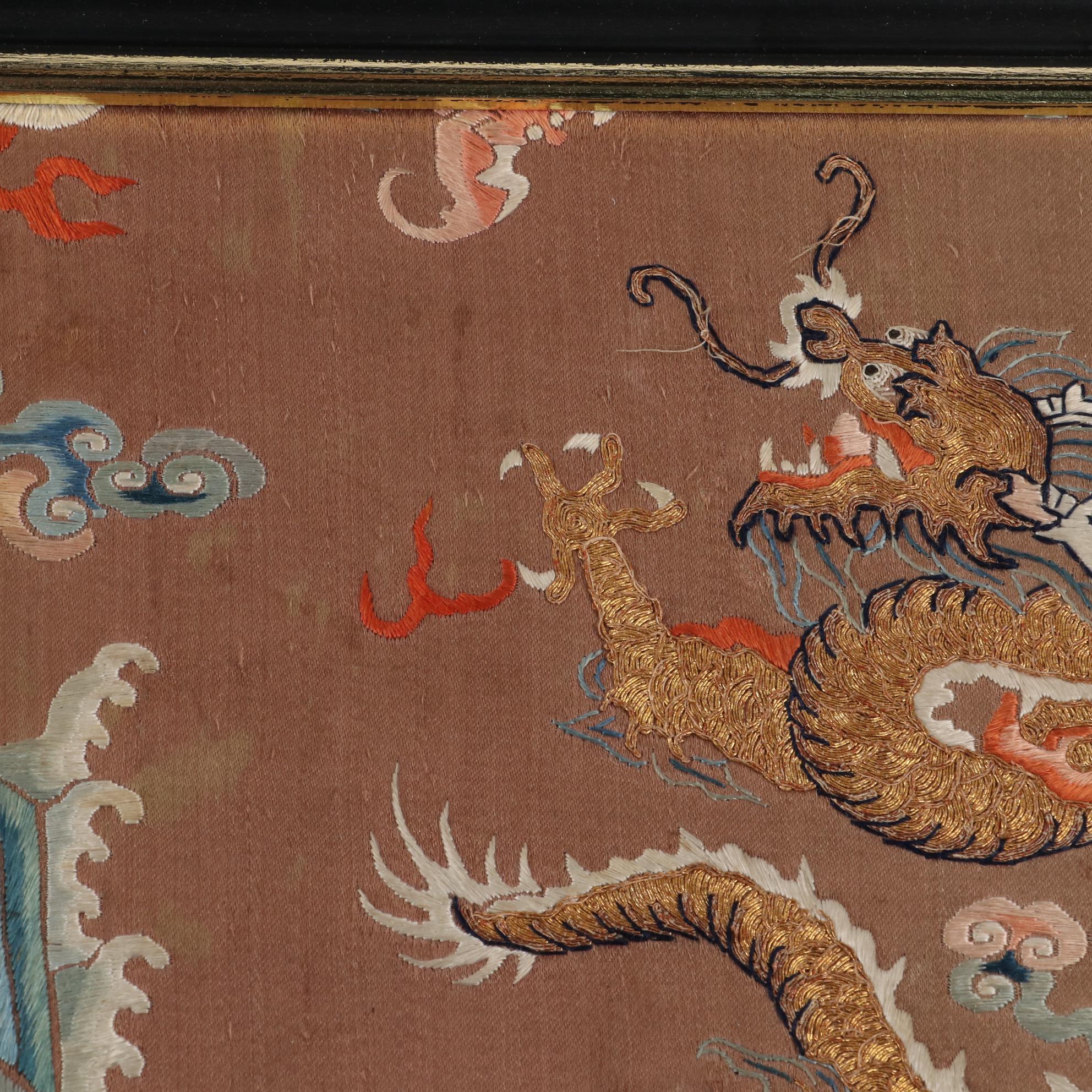 Chinese Qing Dynasty Dragon Robe Embroidered Silk Fragments, Mid-19th Century