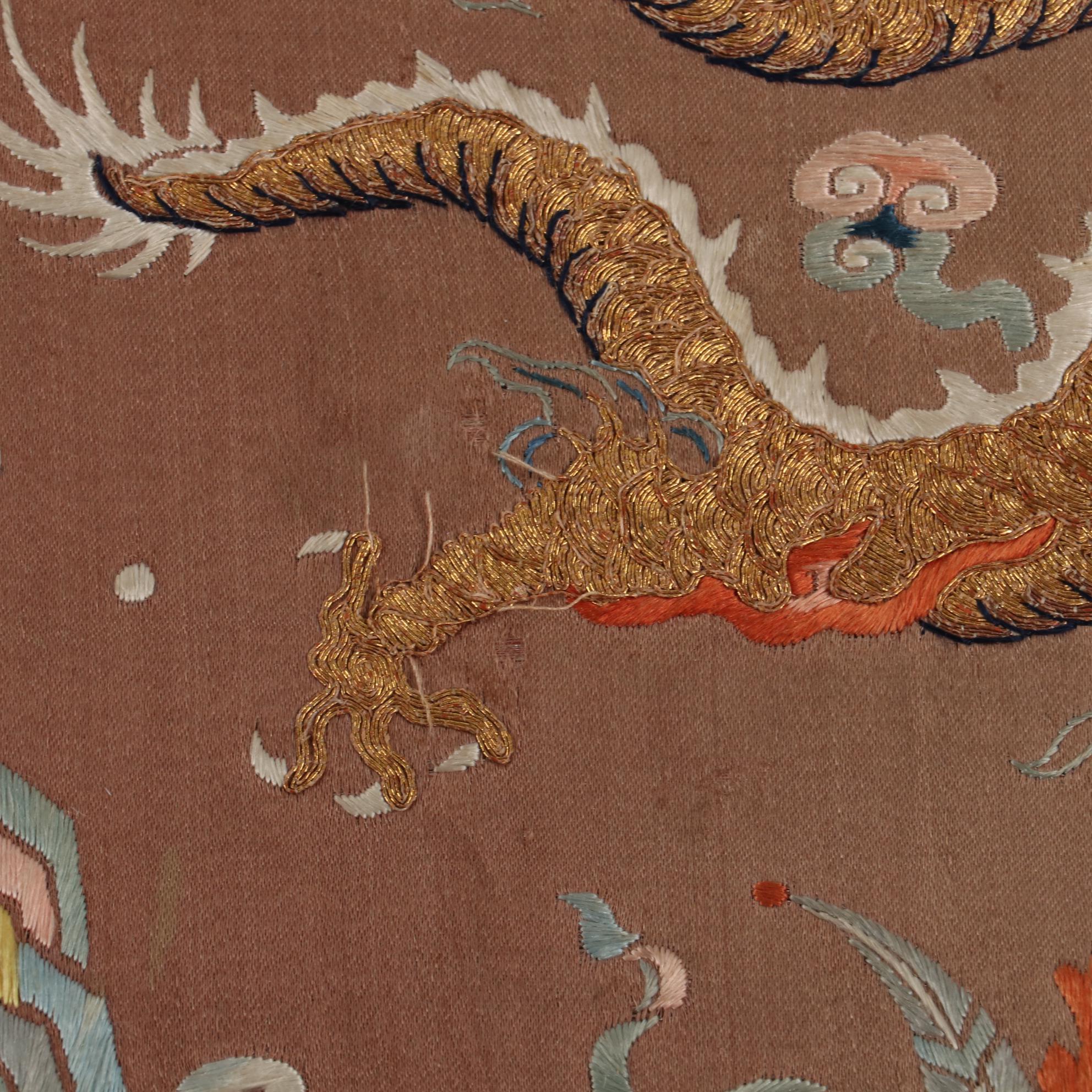 Chinese Qing Dynasty Dragon Robe Embroidered Silk Fragments, Mid-19th Century