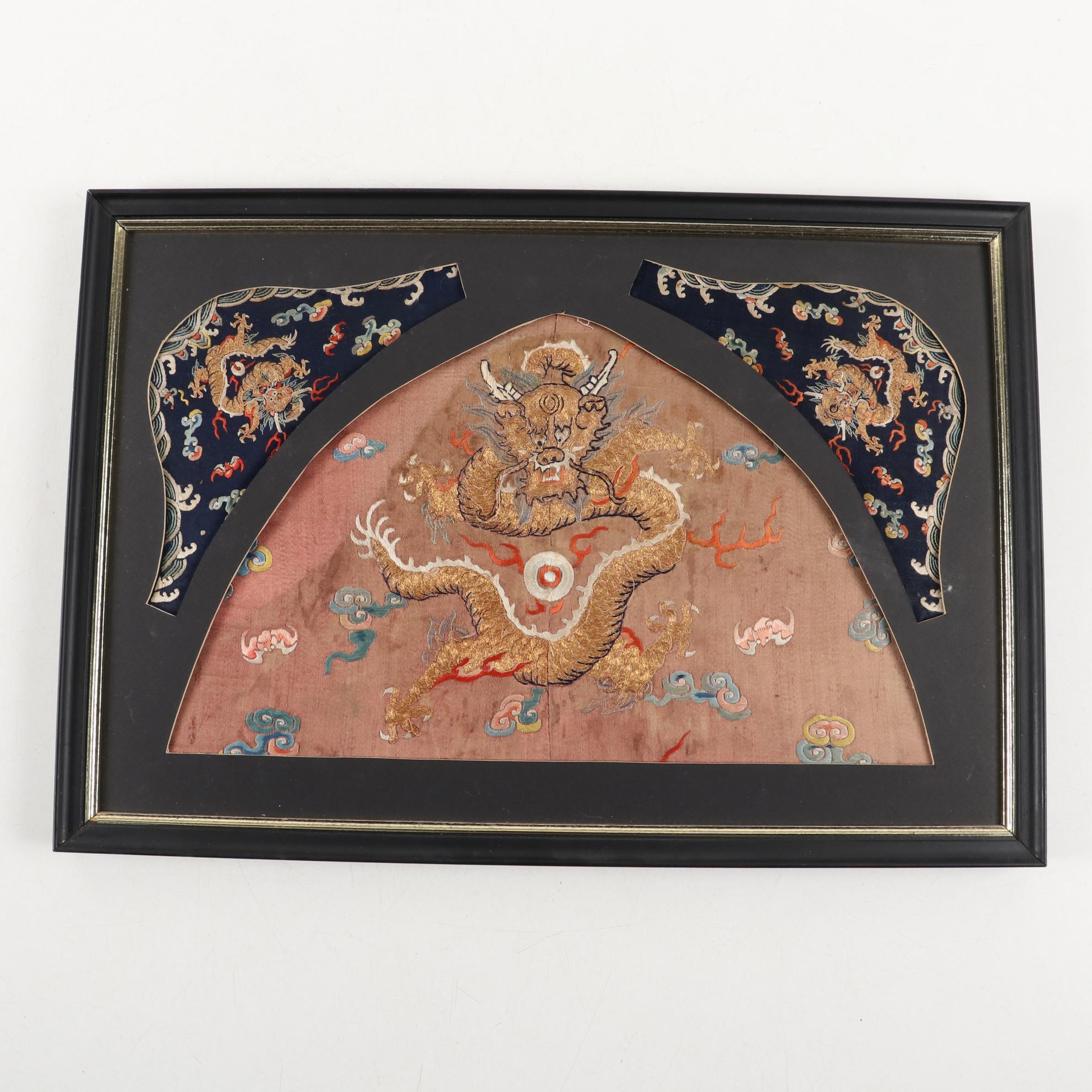 Chinese Qing Dynasty Dragon Robe Embroidered Silk Fragments, Mid-19th Century