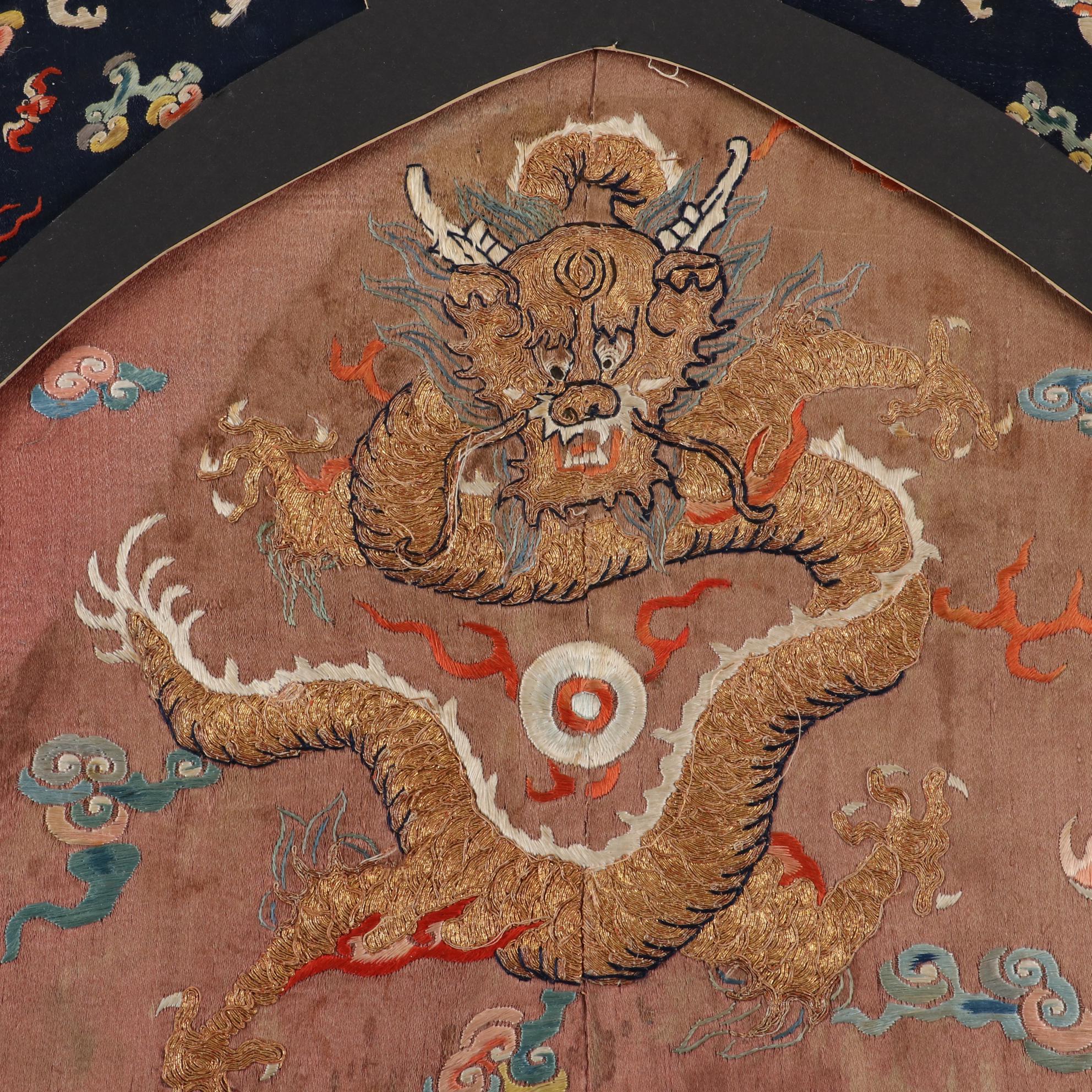 Chinese Qing Dynasty Dragon Robe Embroidered Silk Fragments, Mid-19th Century