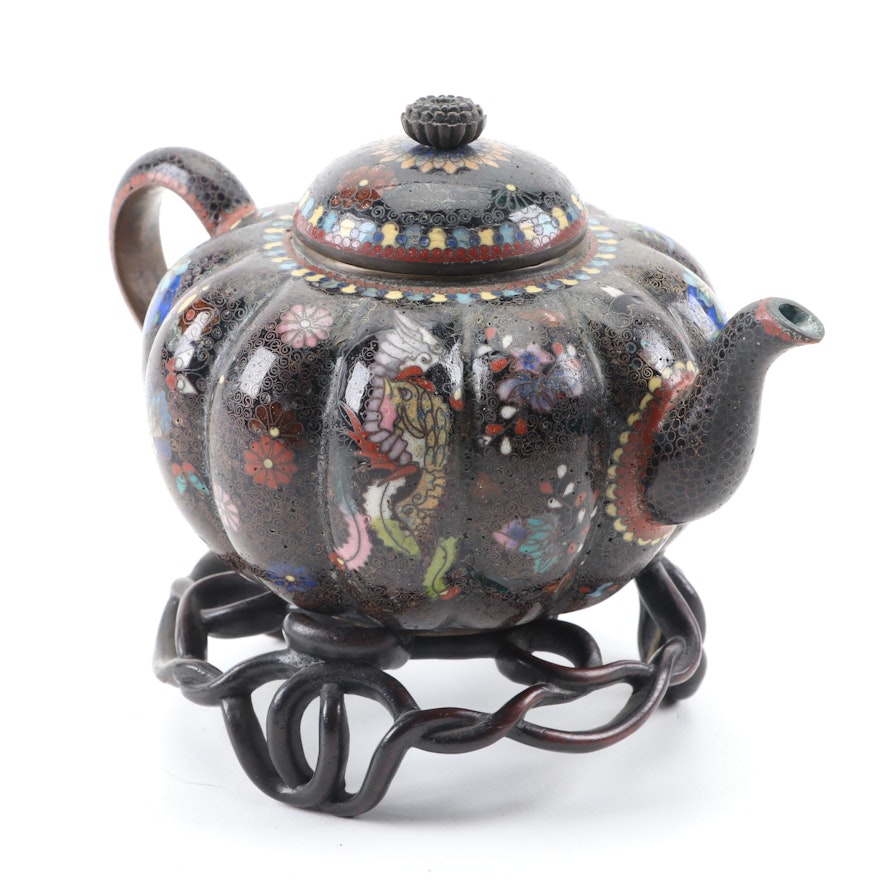 Japanese Cloisonné Pumpkin Shaped Teapot with Wood Stand