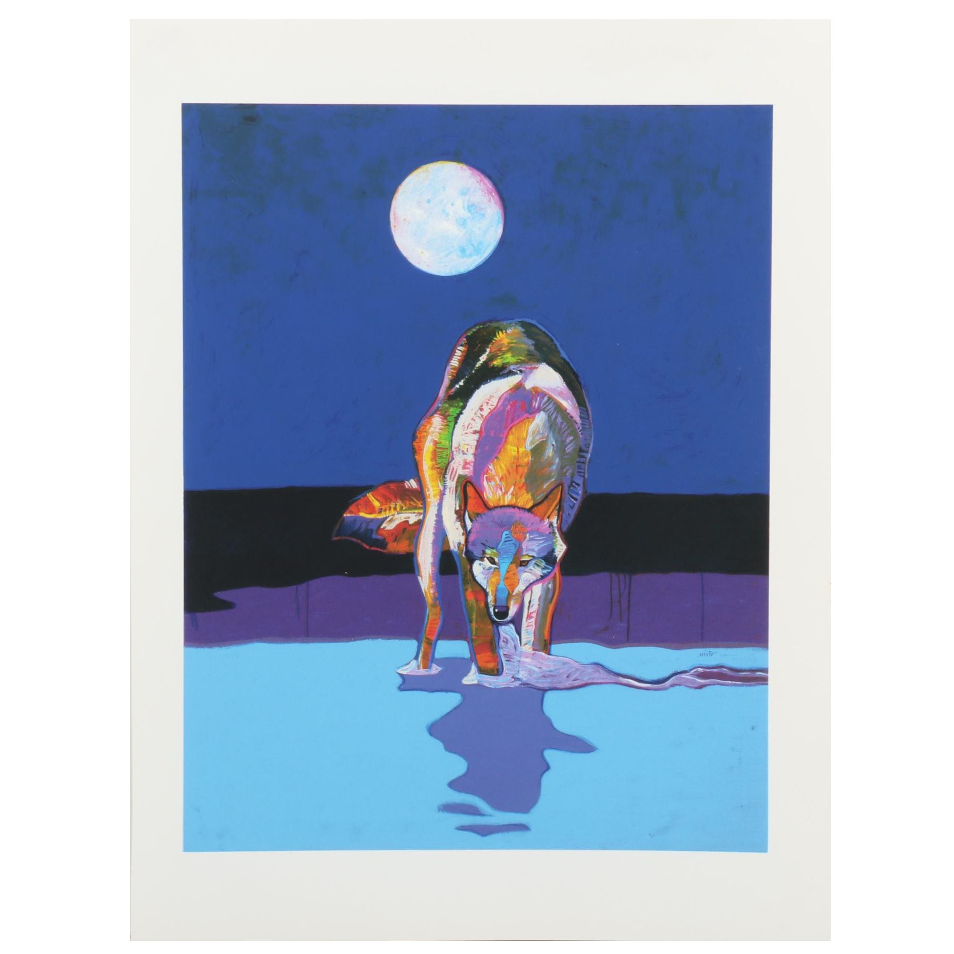 John Nieto Serigraph "Wolf Drinking Water by Moonlight"