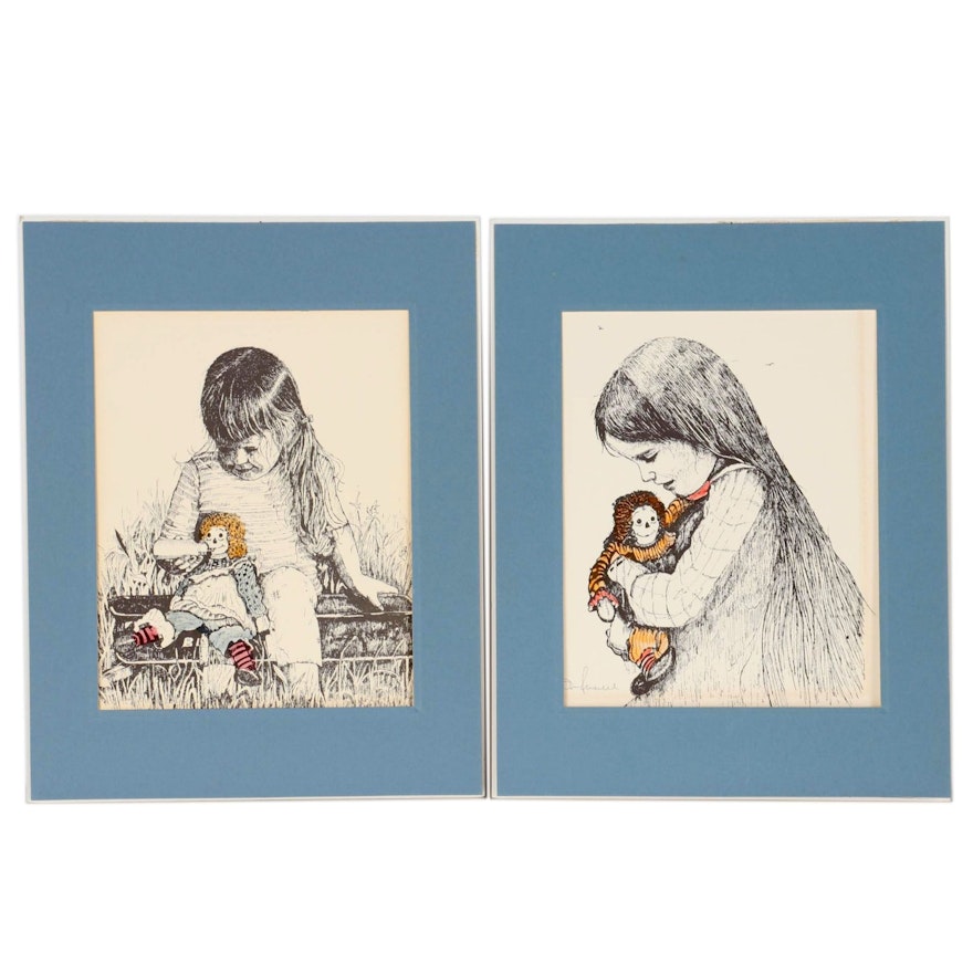 Don Russel Hand-Colored Lithographs of Young Girl with Doll, Late 20th Century