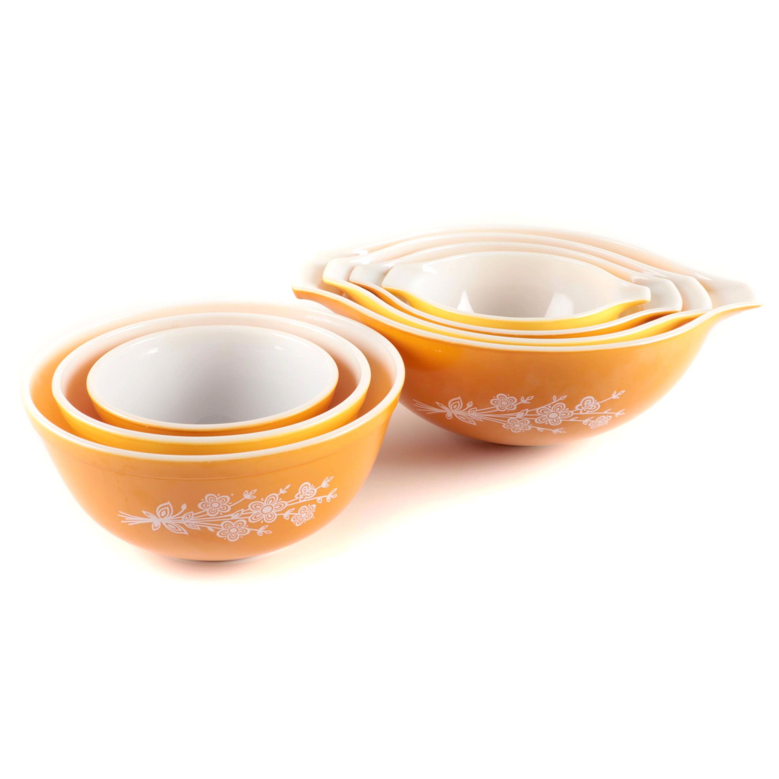 Pyrex "Butterfly Gold" Glass Cinderella and Mixing Bowls, 1979–1981