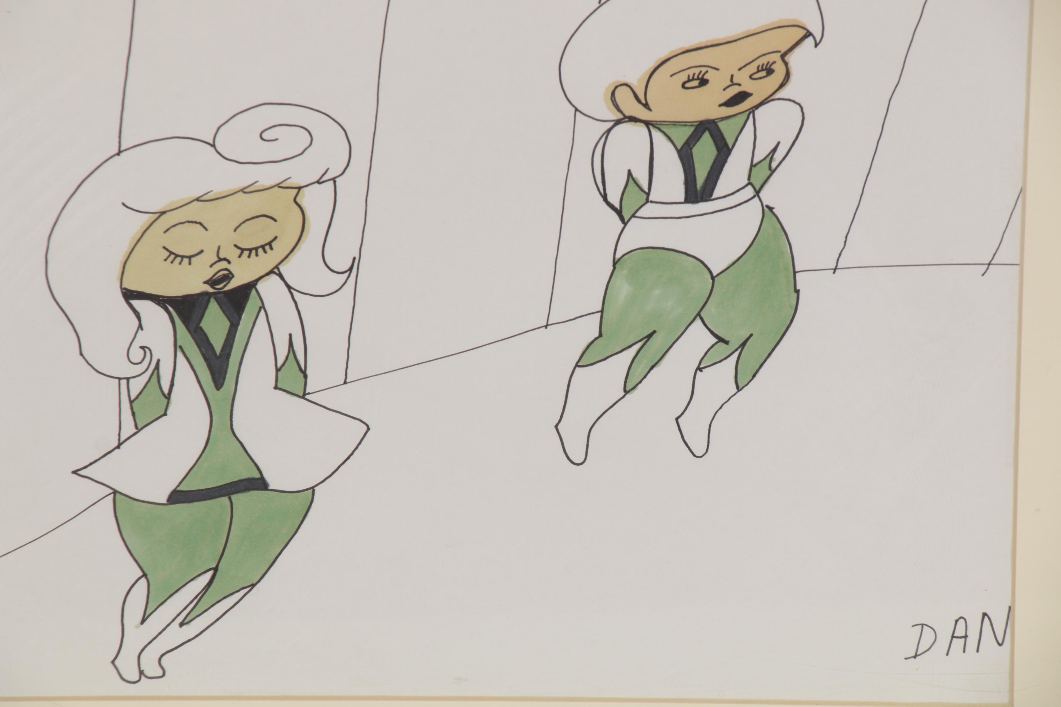 Ink and Marker Drawing of Futurist Style Figures, 21st Century