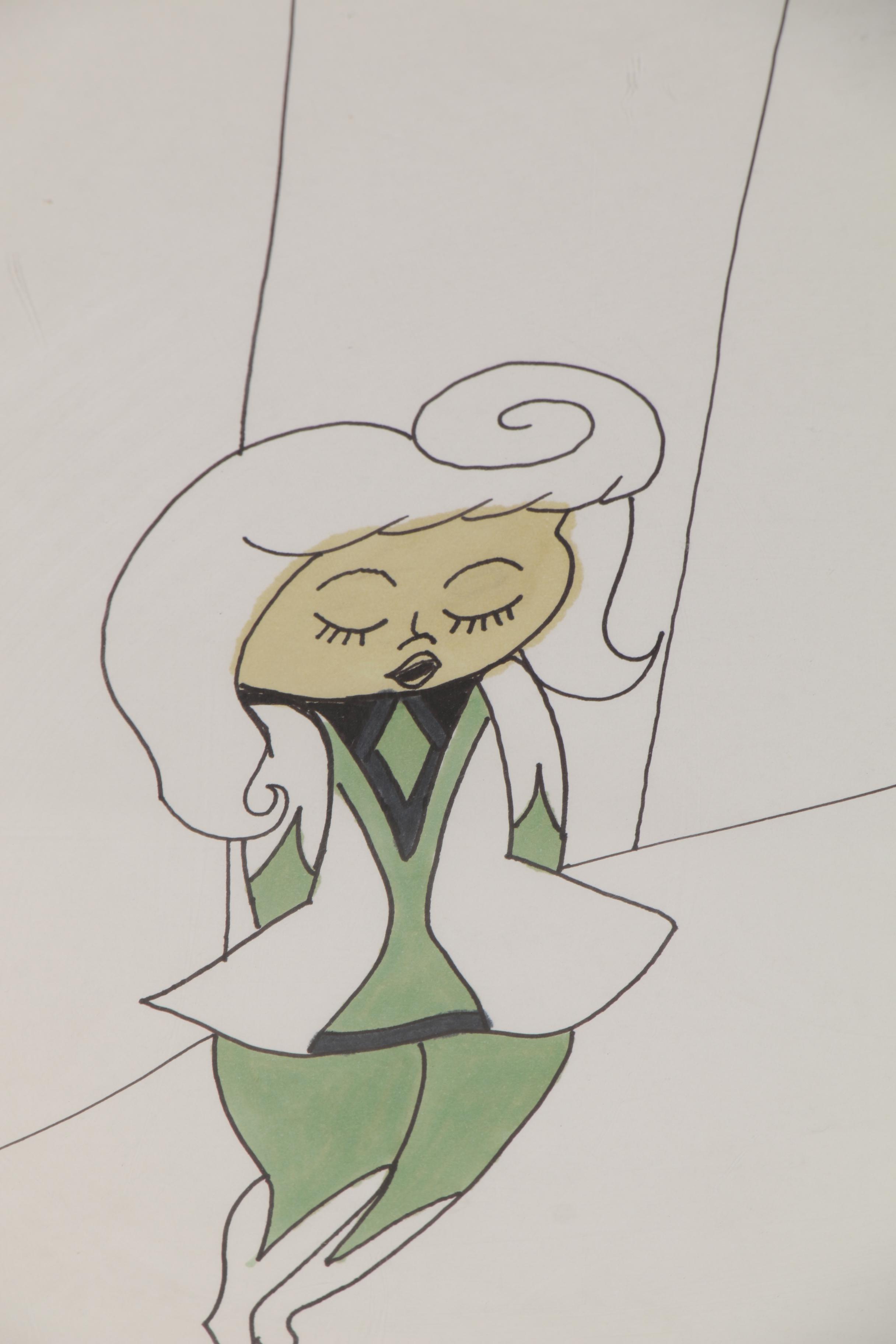 Ink and Marker Drawing of Futurist Style Figures, 21st Century