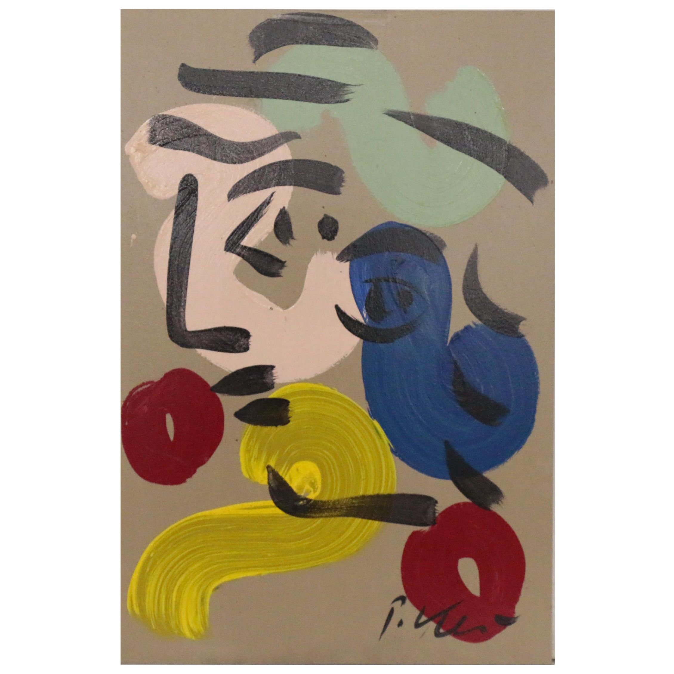 Peter Keil Abstract Portrait Acrylic Painting, Late 20th Century