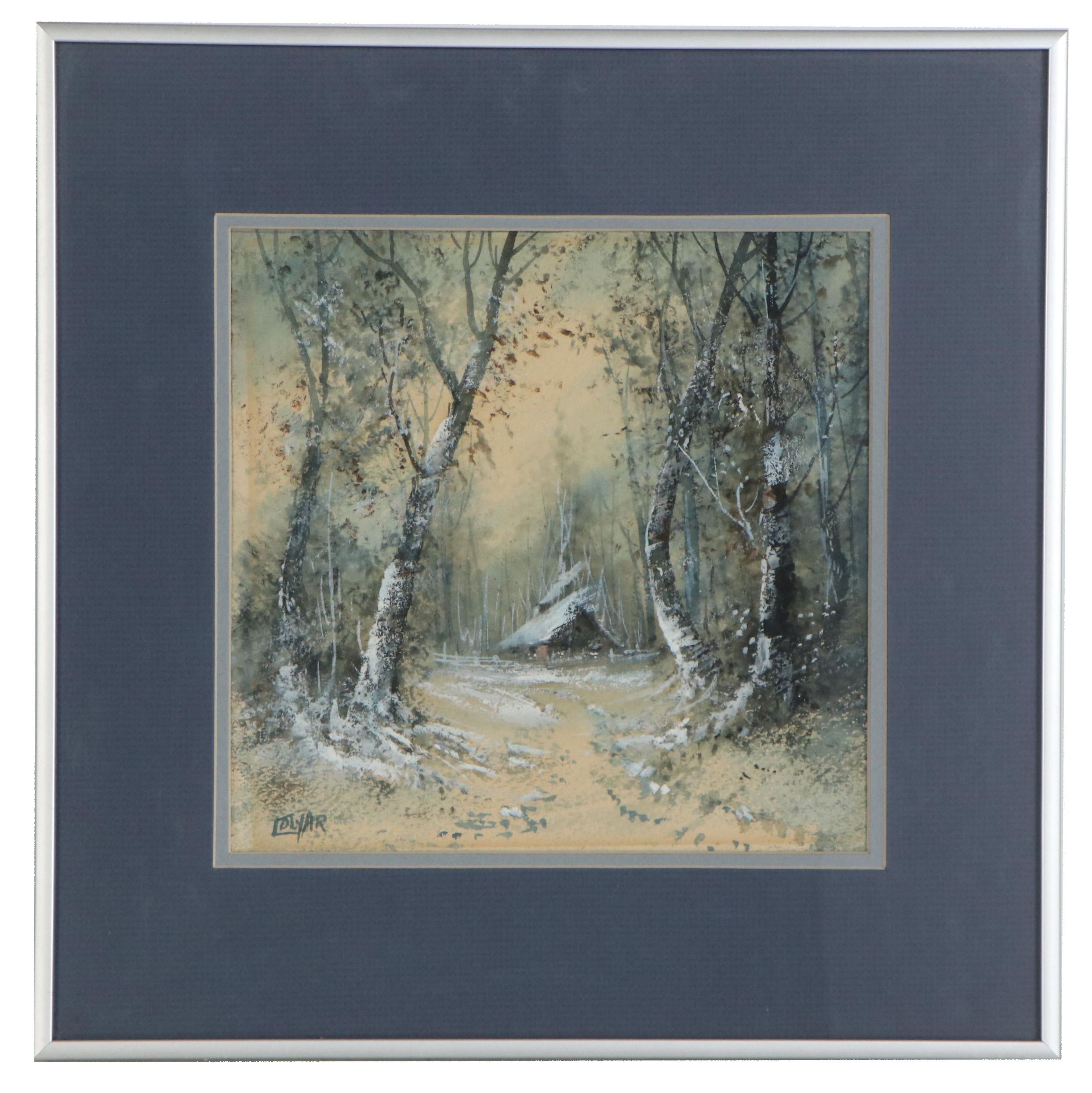 Pauline Colyar Gouache Painting of a Cabin in the Woods, Early 20th Century