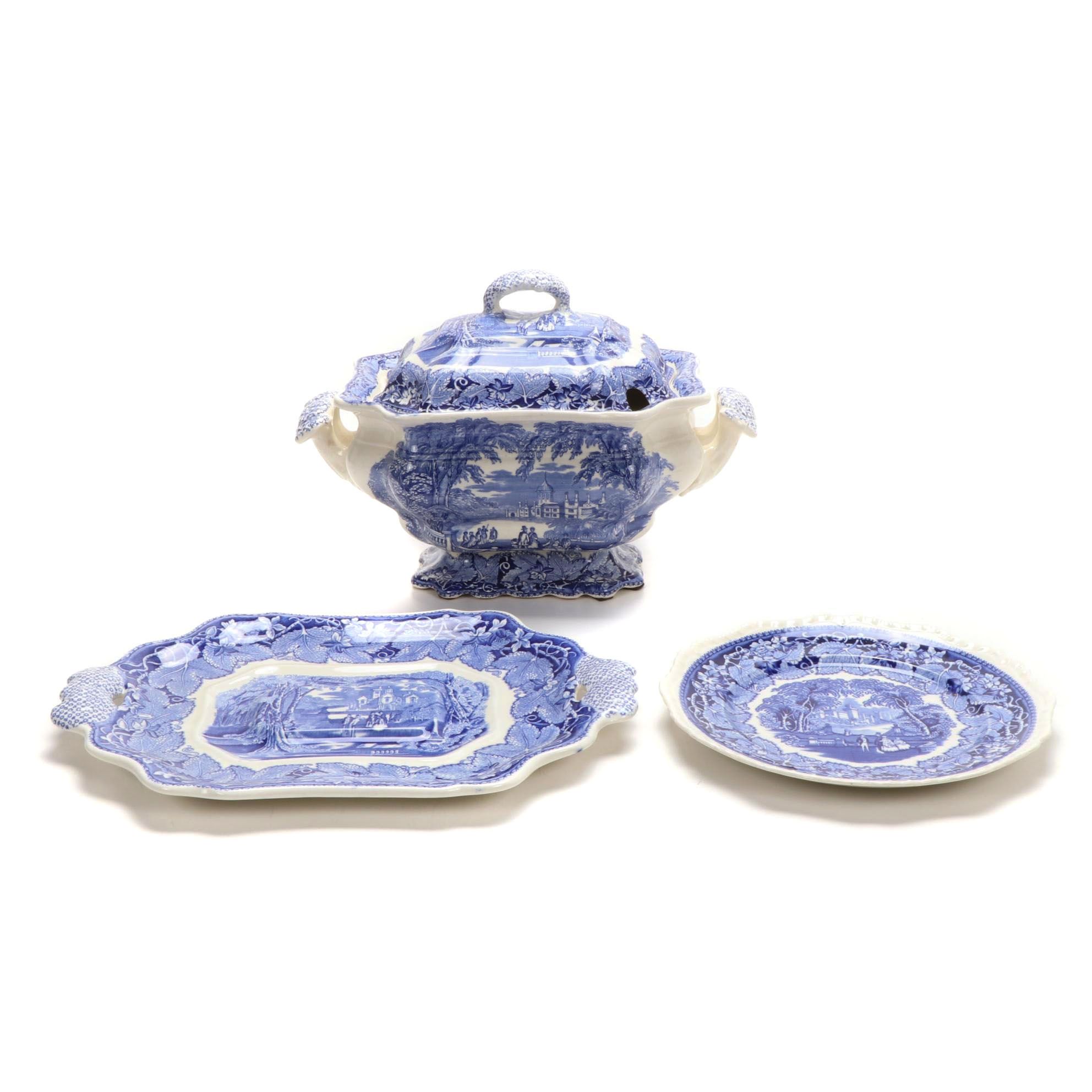 Mason's "Vista" Blue Transferware Ironstone Plate and Tureen with Underplate
