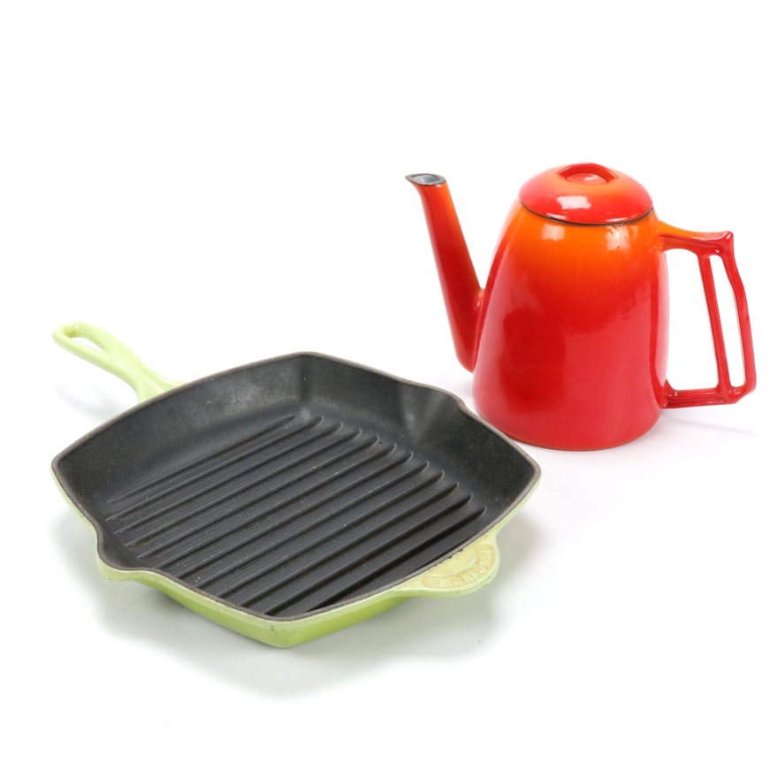 Le Creuset Palm Enameled Cast Iron Grill Pan with Descoware Coffee Pot