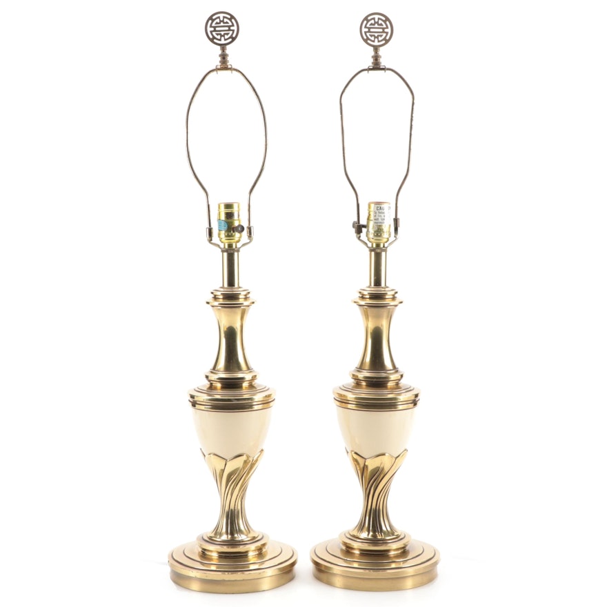 Pair of Stiffel Cream Ceramic and Brass Table Lamps with Shou Finials