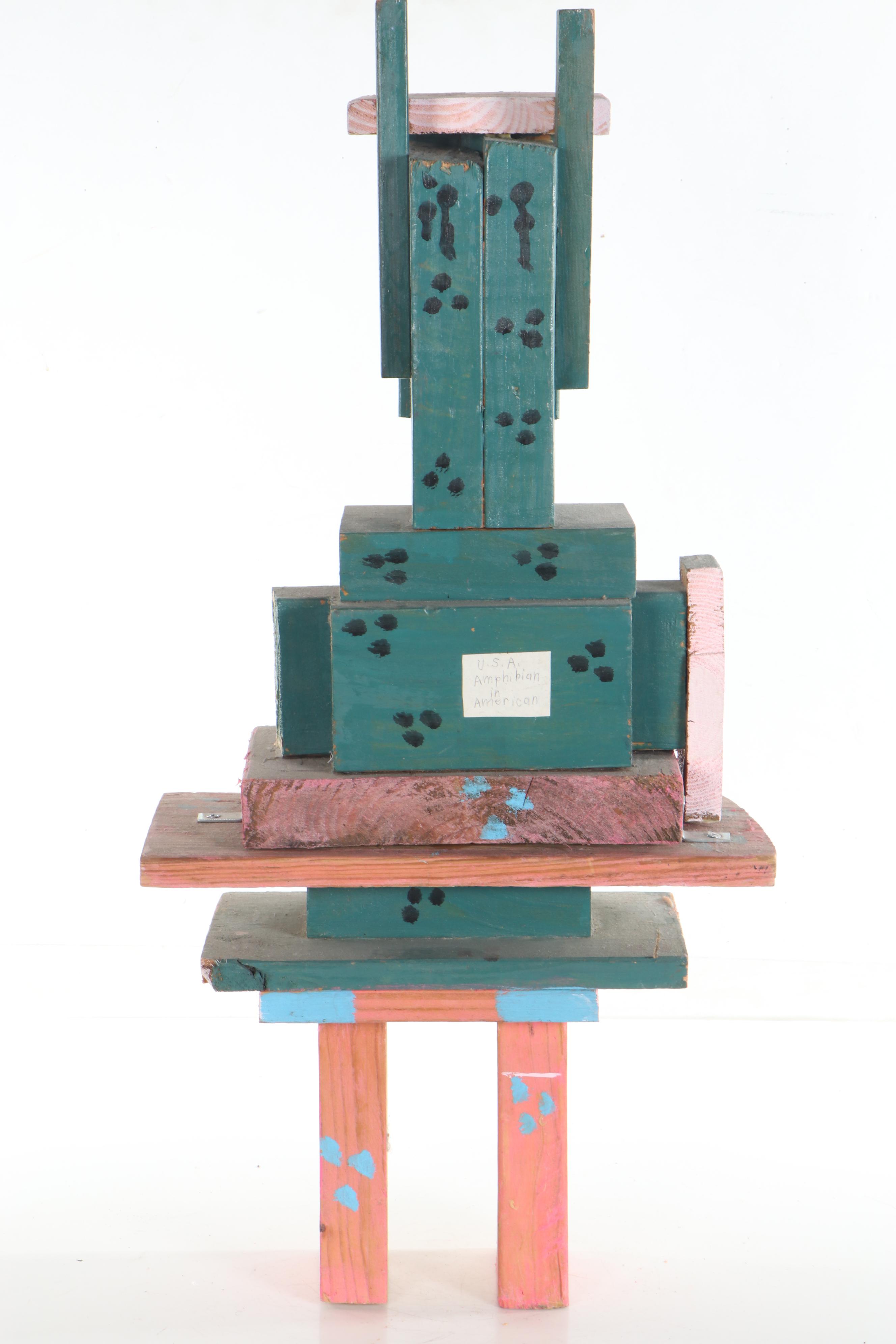 Antonio Adams Folk Art Wood Sculpture "U.S.A Amphibians in American"