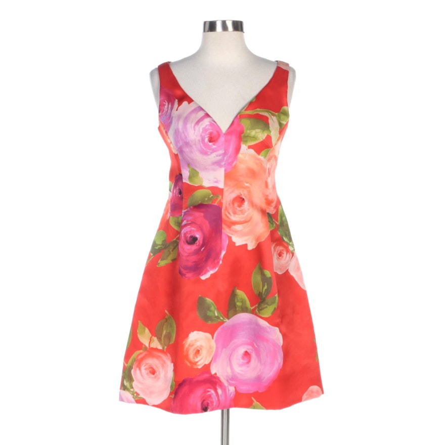 Red Floral Print Princess Seam Sleeveless Dress