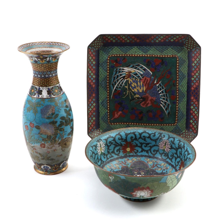 Chinese Cloisonné Vase, Bowl, and Tray