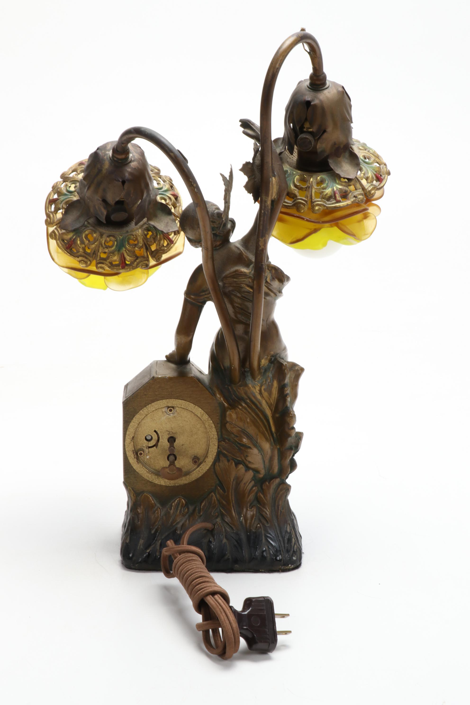 Schadow & Son Art Nouveau Figural Clock Lamp, Early 20th Century