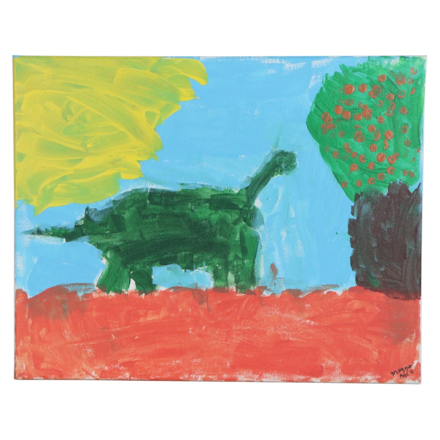 Maggie (Age 4) Dinosaur and Landscape Acrylic Painting