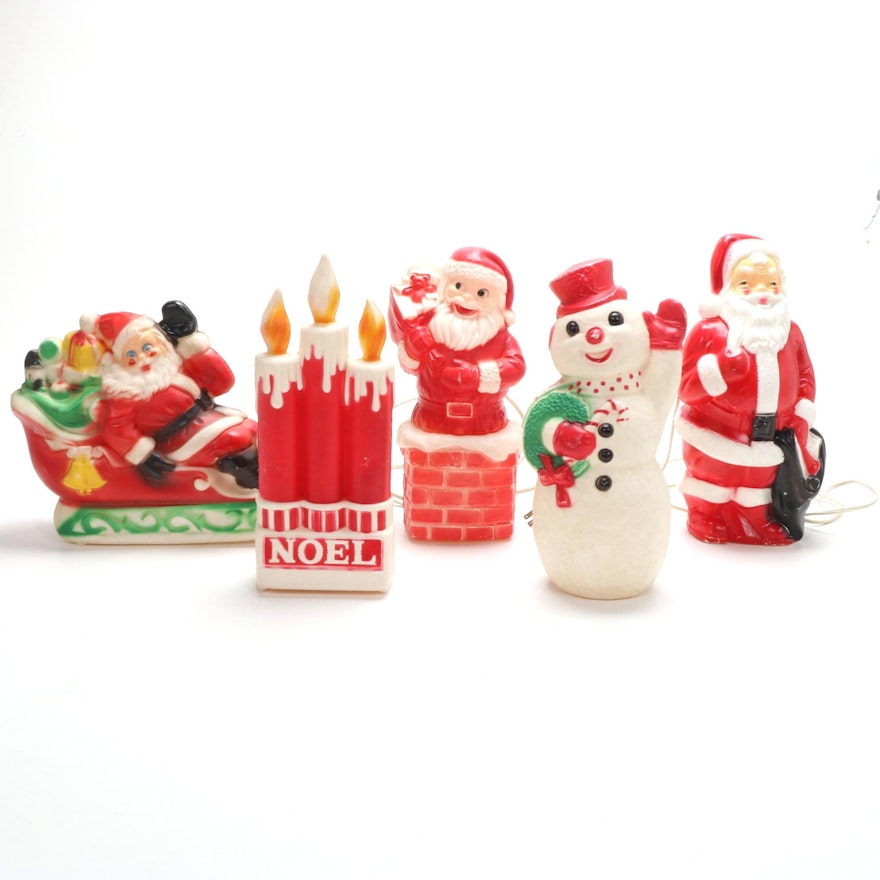 Illuminated Blow Mold Santa, Snowman and Candle Décor, Mid to Late 20th C.