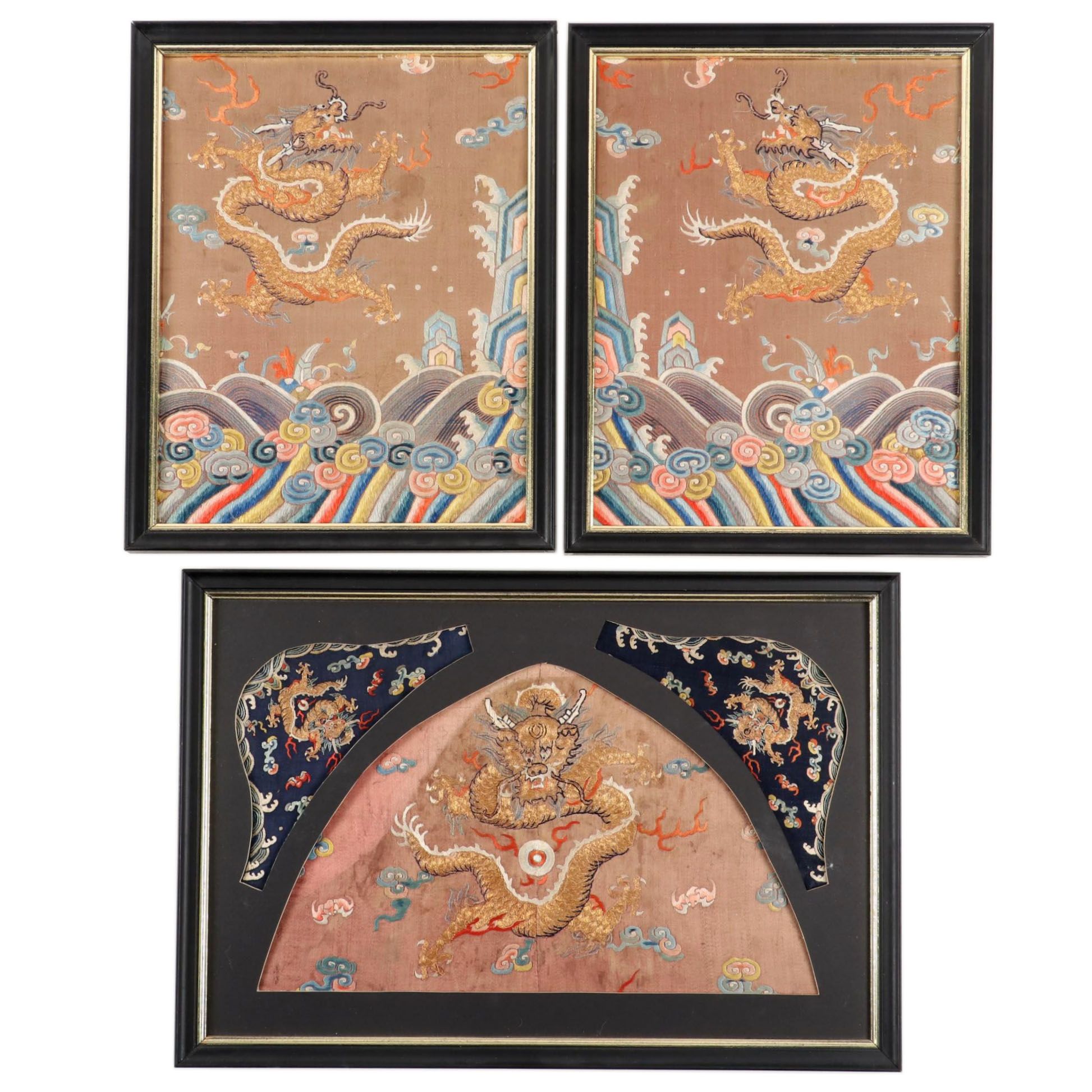 Chinese Qing Dynasty Dragon Robe Embroidered Silk Fragments, Mid-19th Century