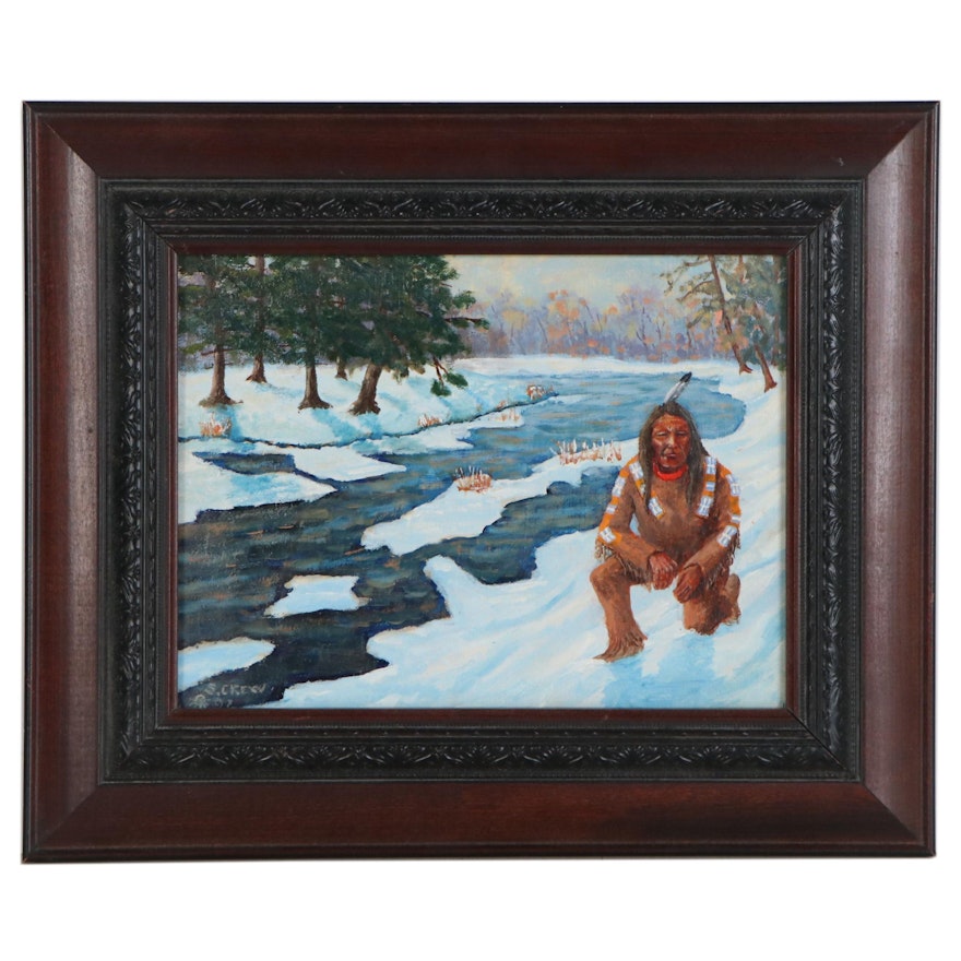 Samson Crew Oil Painting of Man in Winter Landscape, 21st Century