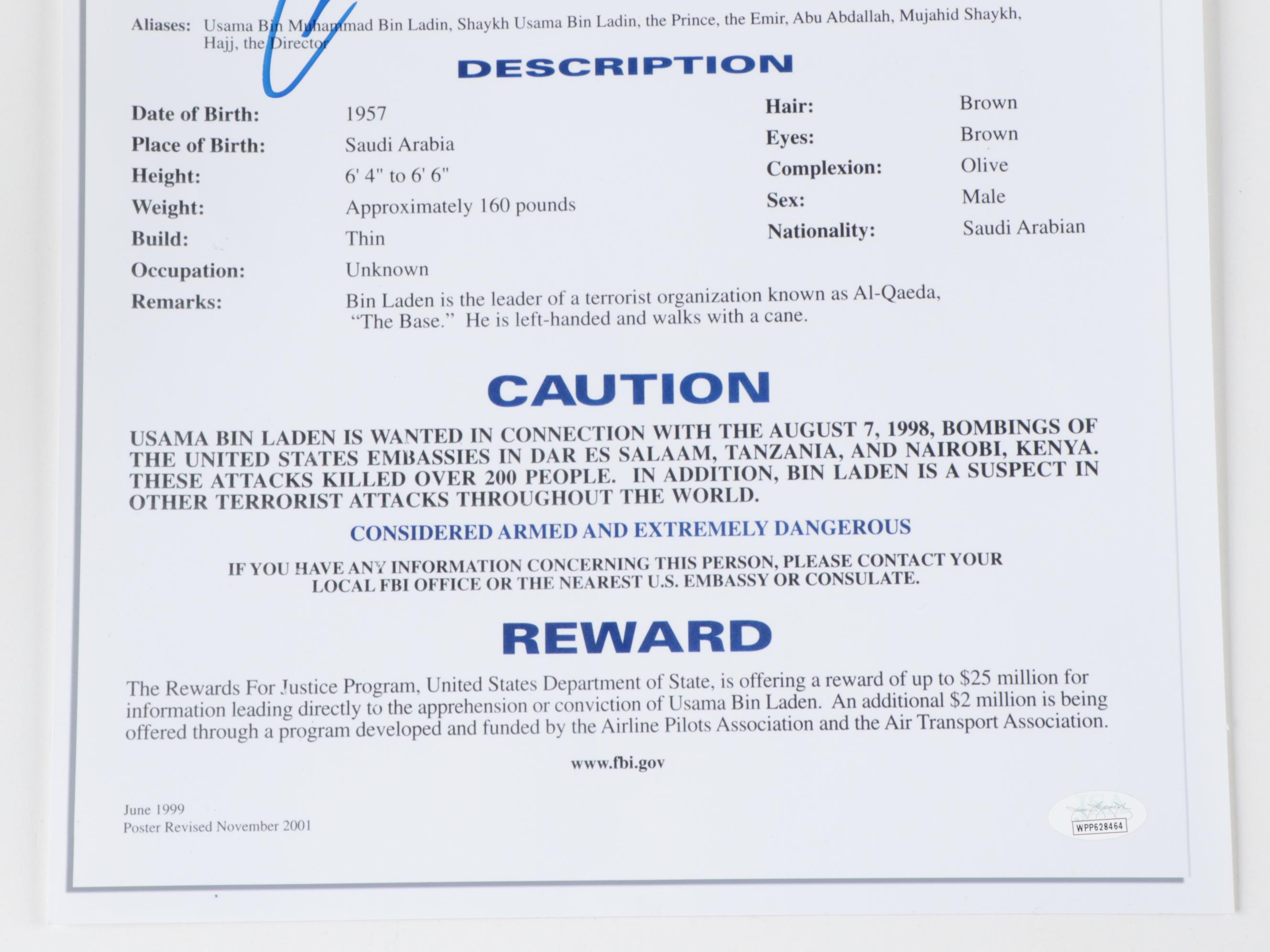 Robert O'Neill Signed "Never Quit" Usama Bin Laden FBI Most Wanted Poster, JSA