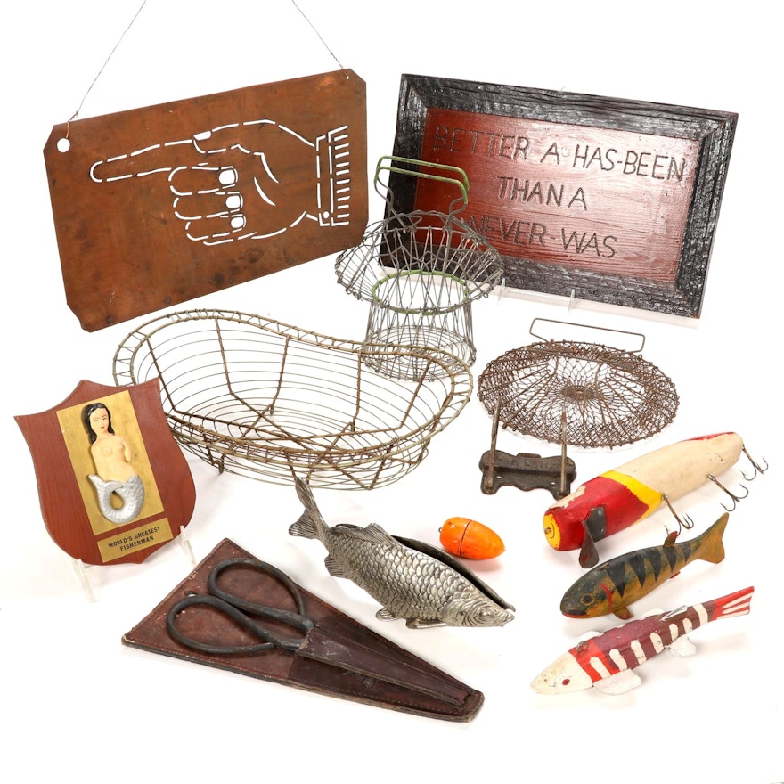 Fishing and Other Themed Wall Decor, Baskets and Tools