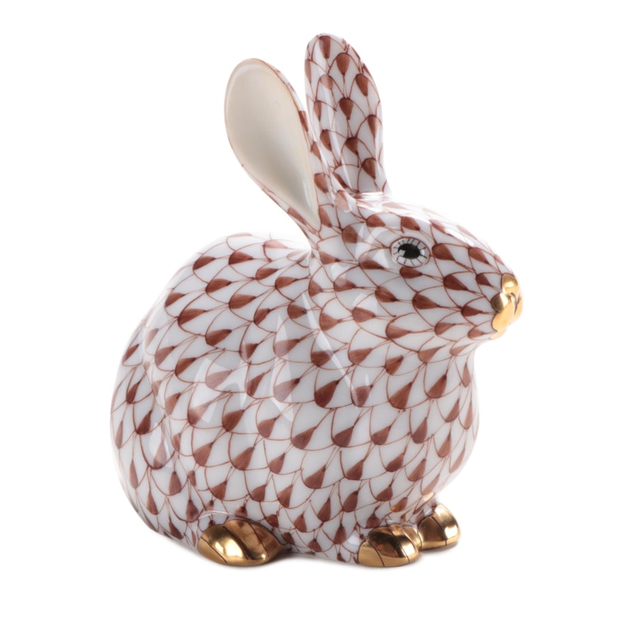 Herend Chocolate Fishnet with Gold "Chubby Bunny" Porcelain Figurine, 2006