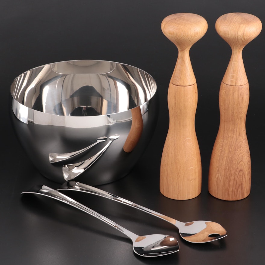 Georg Jensen "Cafu" Stainless Bowl, Wooden Pepper Mills and Salad Servers