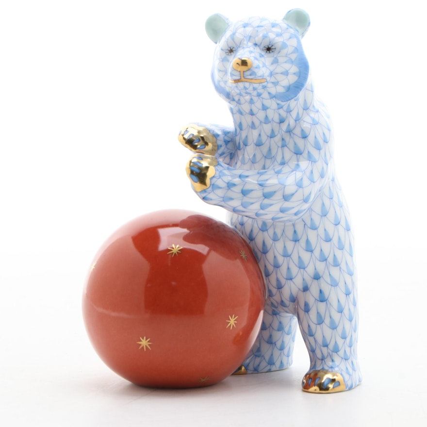 Herend Blue Fishnet "Bear with Ball" Porcelain Figurine