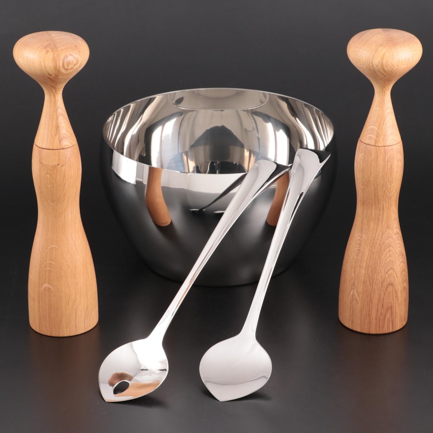 Georg Jensen "Cafu" Stainless Steel Bowl, Wooden Pepper Mills and Salad Servers