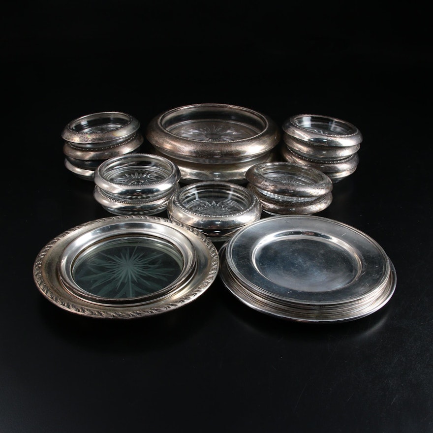 Sterling Silver and Etched Glass Coasters and Sterling Silver Plates