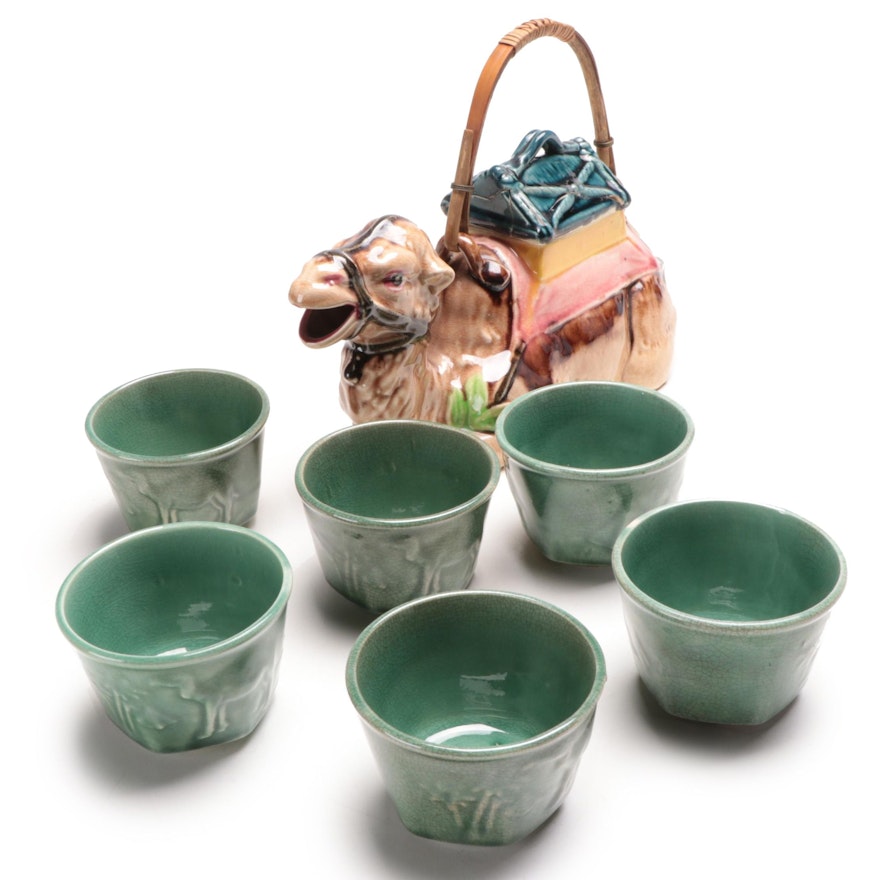 Japanese Ceramic Camel Tea Pot with Celadon Tea Cups, Mid-20th C