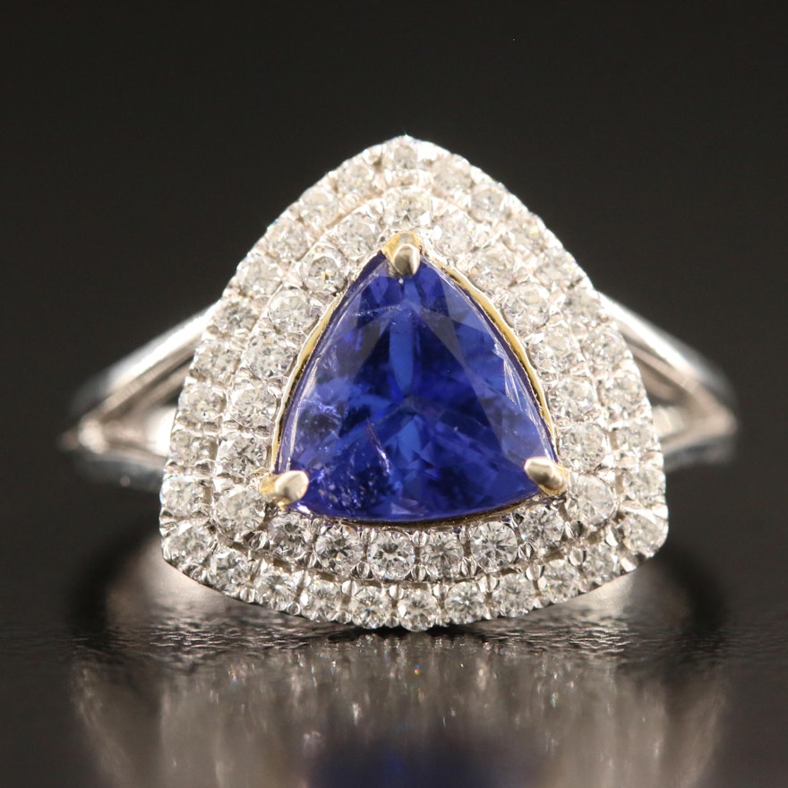 14K 2.01 CT Tanzanite and Diamond Double Row Triangular Ring