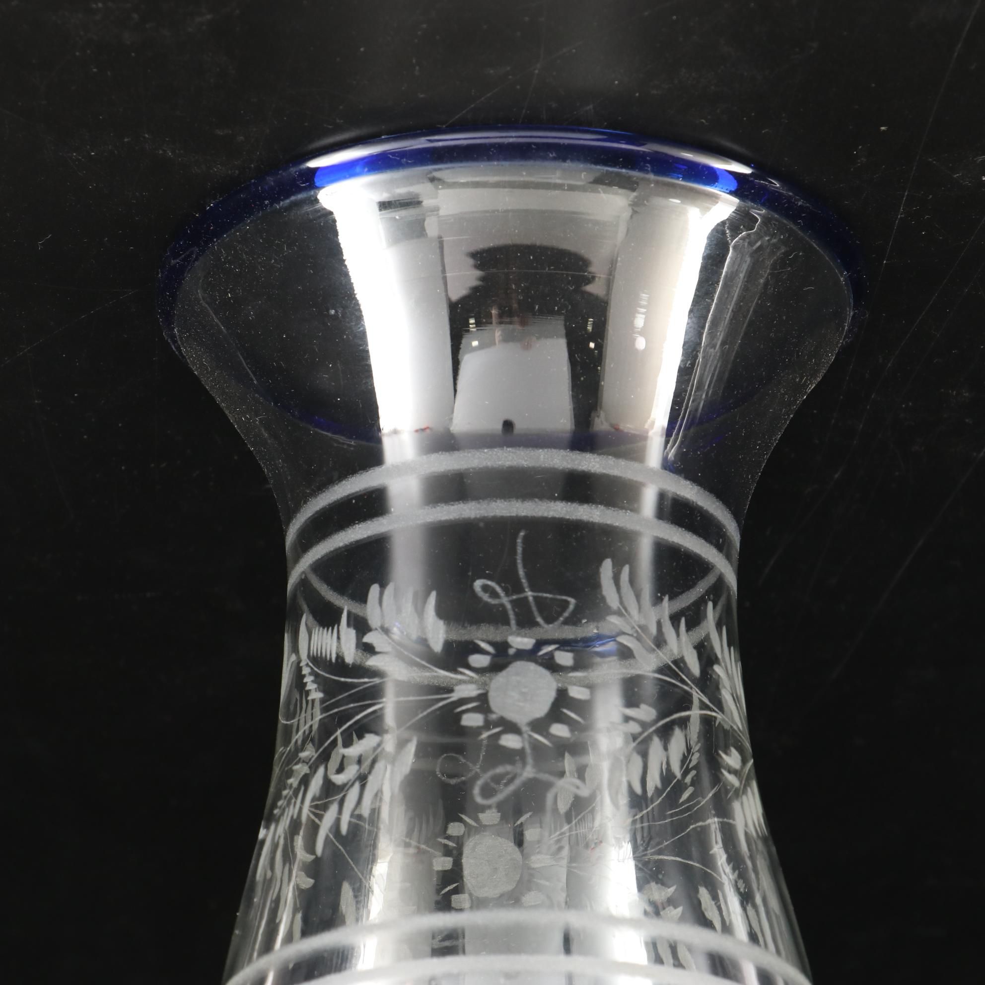 Etched Glass Candlestick Hurricane Fitters with Cobalt Rims