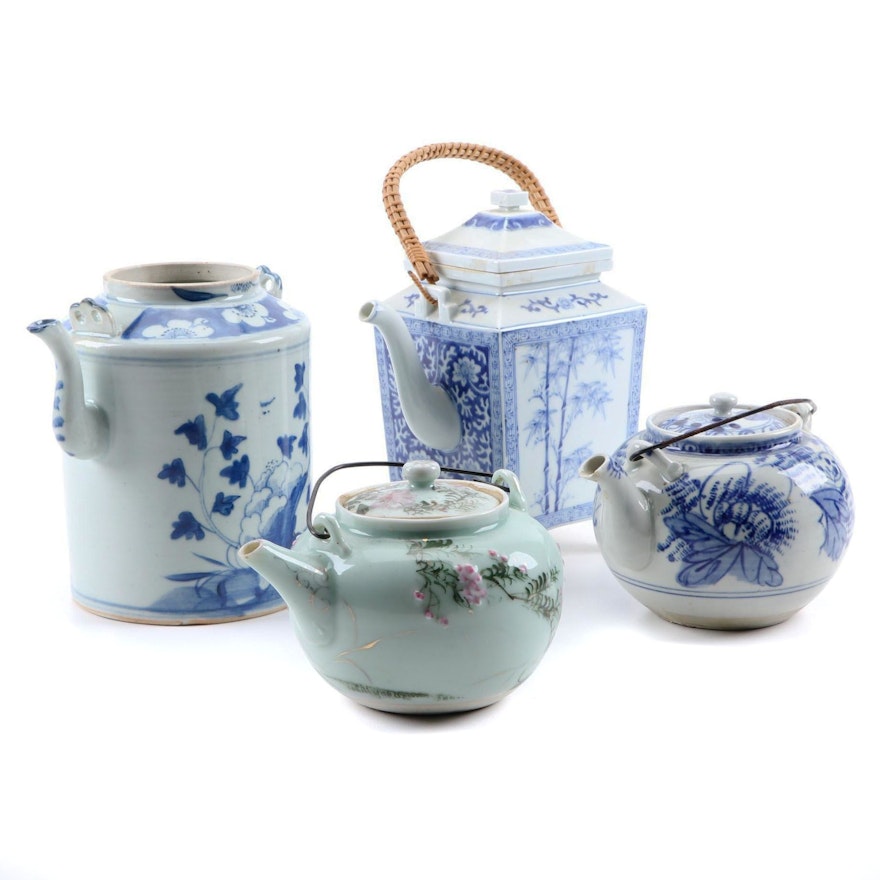 Four Chinese Hand-Painted Porcelain and Ceramic Teapots